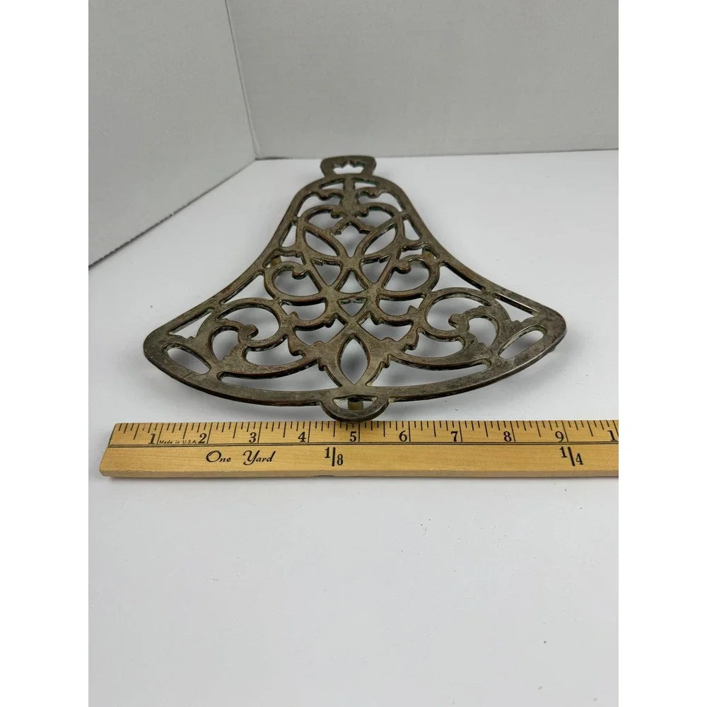 Vintage Bell Shaped Cast Metal Christmas Trivet Heart Scroll Work Wall Hanging
